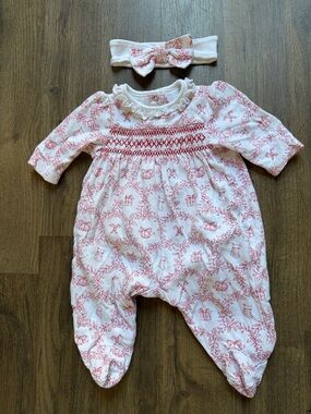 Little Me White Footed One-Piece with Red Smocked Christmas Detail and Headband